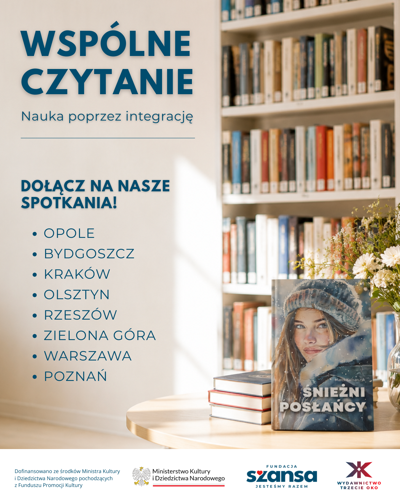 Plakat projektu wspólne czytanie. Spotkania w ramach projektu odbędą się w miastach wskazanych na grafice: Opolu, Bydgoszczy, Krakowie, Olsztynie, Rzeszowie, Zielonej Górze, Warszawie i Poznaniu.